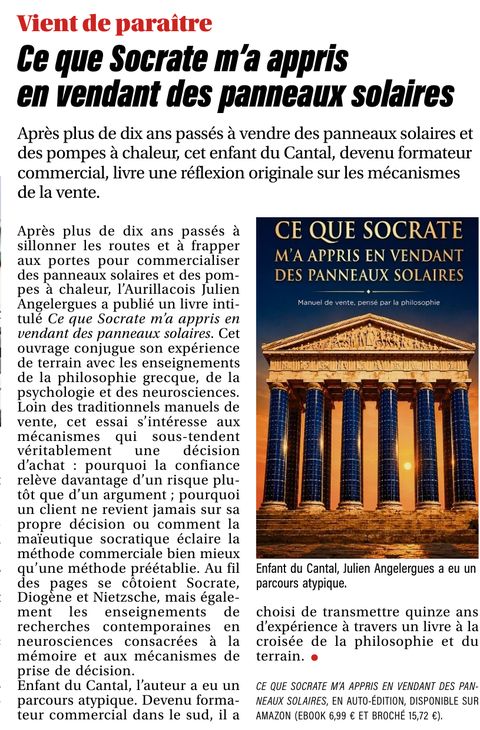 Article de La Montagne du 25 août 2026 : « Ce que Socrate m’a appris en vendant des panneaux solaires », présentation du livre de Julien Angelergues
